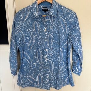 Talbots Wrinkle Resistant Button Down Shirt Blue Paisley 3/4 Sleeve blouse 12P